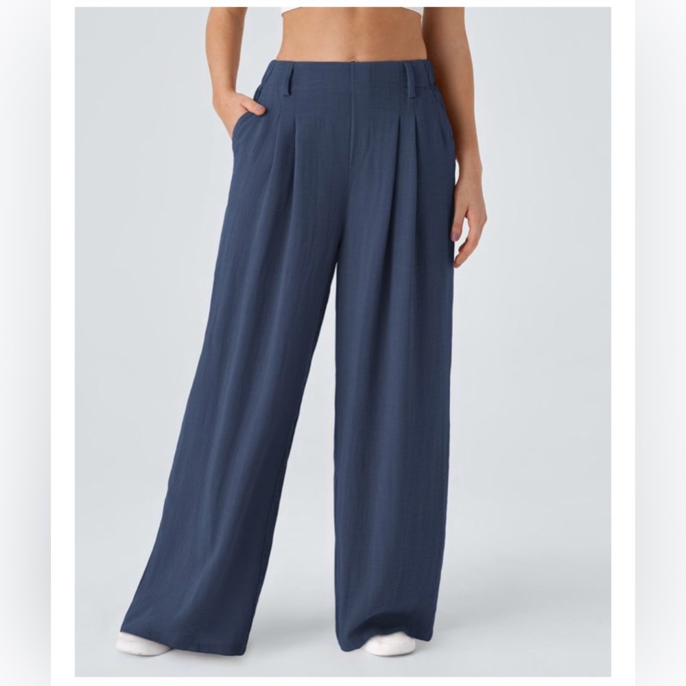 NWT High Waisted Side Pocket WideLeg Flowy Solid Palazzo Casual Linen-Feel Pants